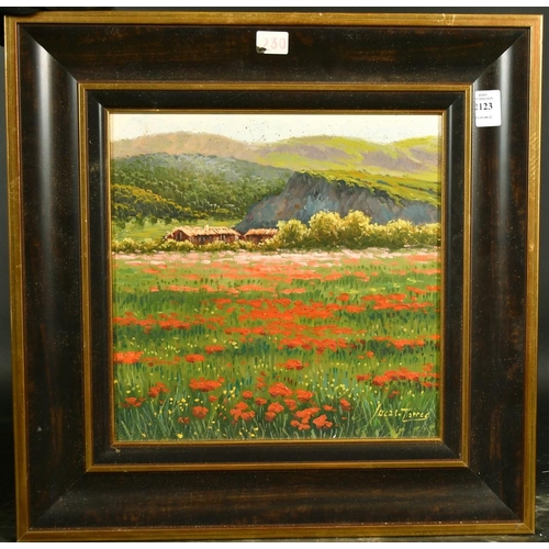 2123 - Lucus Torres, a field of poppies with hills beyond, oil on canvas, signed, 11.75