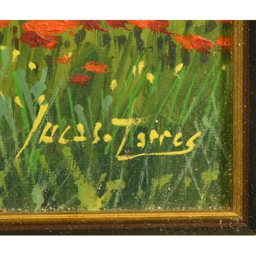 2123 - Lucus Torres, a field of poppies with hills beyond, oil on canvas, signed, 11.75