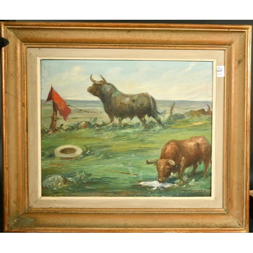 2127 - 20th Century Continental School, bulls in a landscape, oil on canvas, indistinctly signed, 15.75