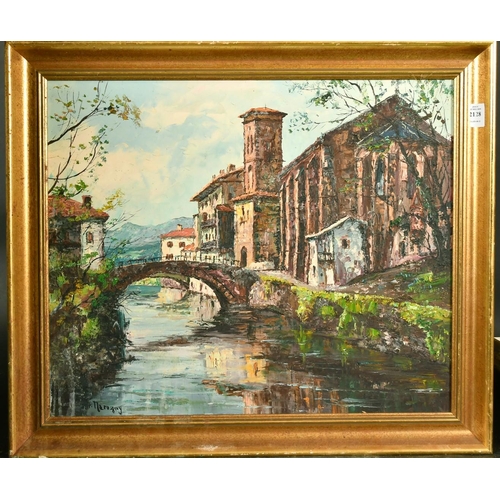 2128 - Narozny, buildings by an alpine river, oil on canvas, signed, 18