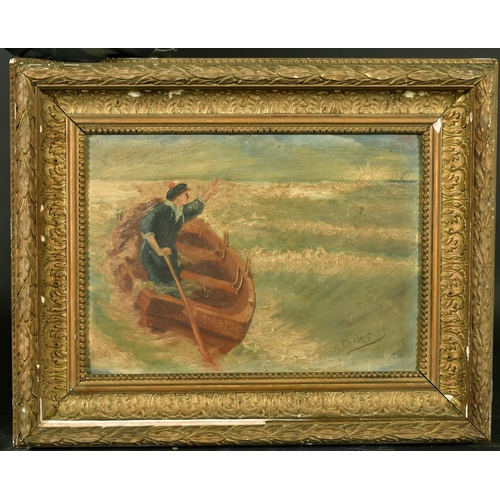 2134 - 19th Century French School, a figure in a rowing boat signalling to ship on the horizon, oil on boar... 