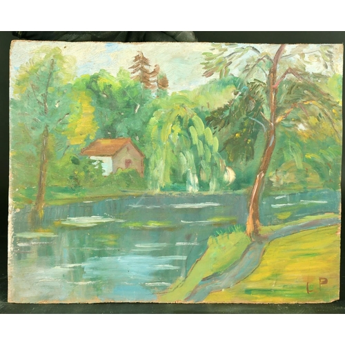 2138 - 20th Century French School, an oil sketch of a lake scene, signed with initials, and 2 others by the... 