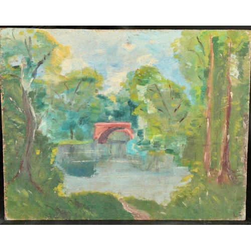 2138 - 20th Century French School, an oil sketch of a lake scene, signed with initials, and 2 others by the... 