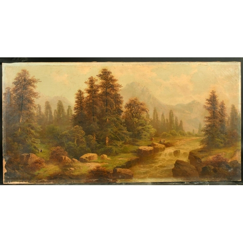 2144 - A. Lang 19th Century, figures by a mountain river, oil on canvas, signed, 18.75