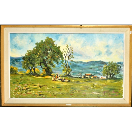 2145 - Andre Guillaume, figures resting in an extensive landscape, oil on canvas, signed, 27.5