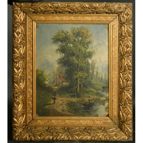 2148 - Dick, figure approaching a riverside cottage, oil on canvas, signed, 18