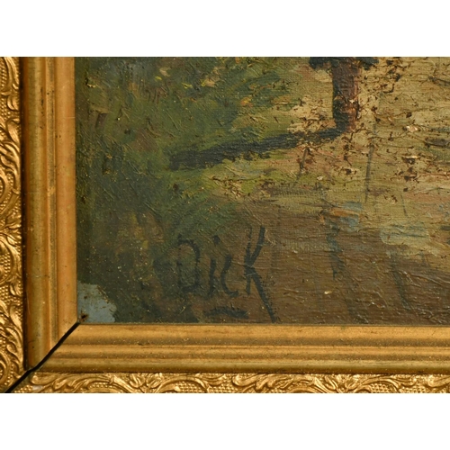 2148 - Dick, figure approaching a riverside cottage, oil on canvas, signed, 18