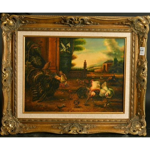 2149 - 20th Century, mixed fowl in a classical landscape, oil on panel, 12