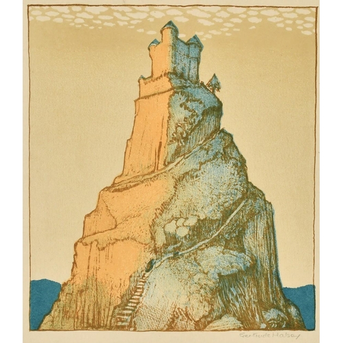 2159 - Gertrude Halsey, (20th Century) A tower at the top of a rocky mountain, a colour print, 5.75