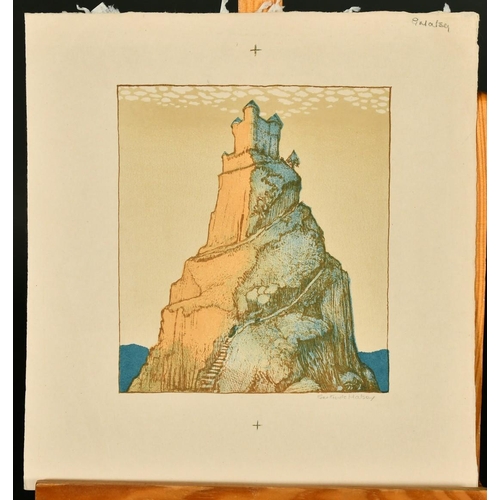 2159 - Gertrude Halsey, (20th Century) A tower at the top of a rocky mountain, a colour print, 5.75