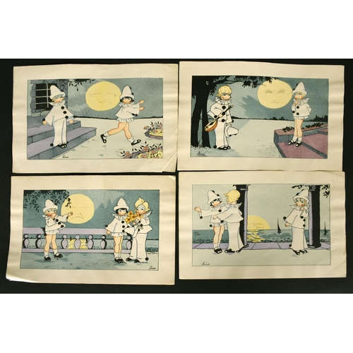 2172 - A set of four early 20th Century French pochoirs of children as Pierrot and Columbine, 6