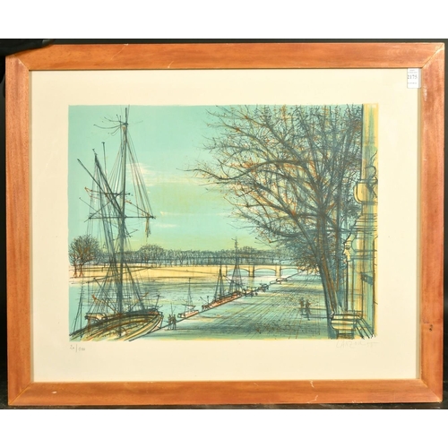 2175 - Jean Carzou, Boats tied up on the bank of the river Seine, lithograph, signed, dated, and numbered 2... 