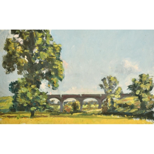 2233 - Bernard Sickert (1862-1932) an oil sketch of 'Railway Arches' in a summer landscape, signed, unstret... 