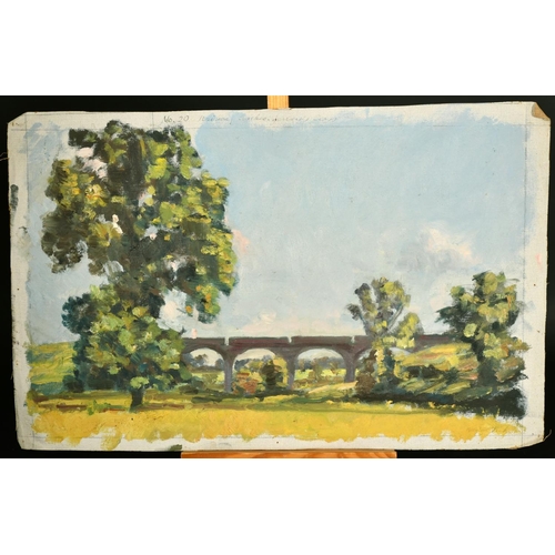 2233 - Bernard Sickert (1862-1932) an oil sketch of 'Railway Arches' in a summer landscape, signed, unstret... 