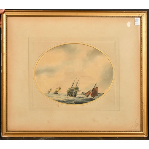 2249 - Attributed to Samuel Atkins (c. 1765-1808) Three Man-of- War and a sailing boat offshore in choppy s... 