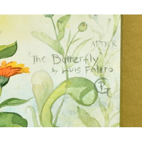 2256 - Pat Gregory, 'After the Butterfly by Luis Falero 1893', watercolour, inscribed, initialled P.G, 15.2... 