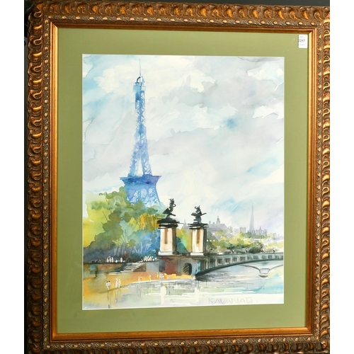 2257 - Barry D. Kavanagh, 'Paris scene', the Eiffel Tower, watercolour, signed, label verso, 22.75