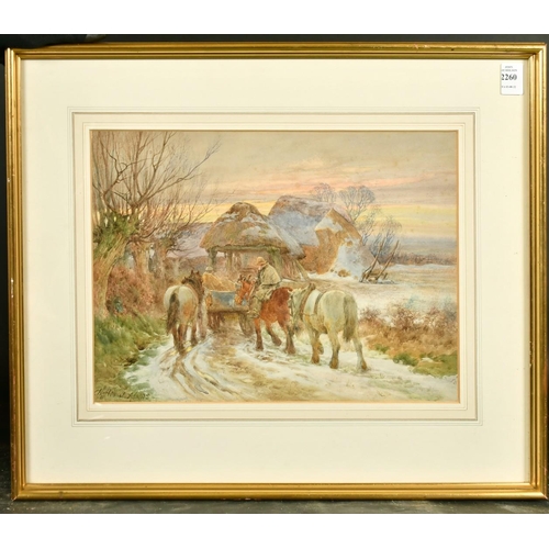 2260 - Charles James Adams (1859-1931) British, A horse and cart with heavy horses being led along a snow c... 