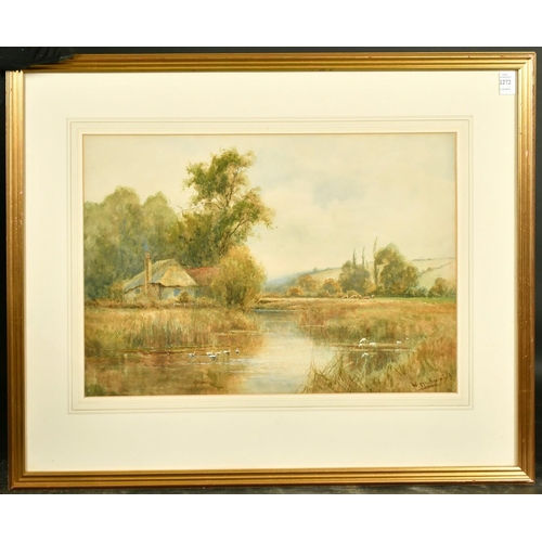 2272 - Wiggs Kinnaird (1870-1930) British, An extensive river landscape with a house, ducks on the river an... 