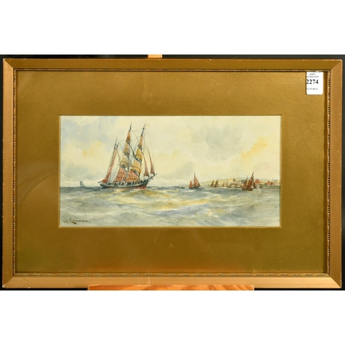 2274 - William Cannon (fl.1860-1901) A tall ship and sailing boats off the coast, watercolour, signed, 5.75... 