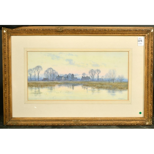 2275 - R. Winter, A view across the water to a hamlet of houses and a church, watercolour, signed and dated... 