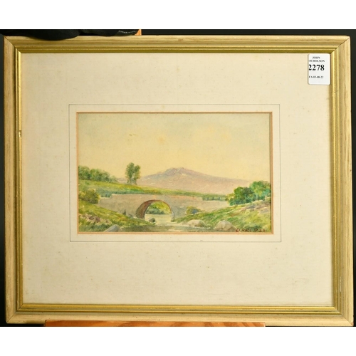 2278 - D. Hall R.S.A, A view of a bridge with a mountain beyond, watercolour, signed, 4.5 x 7.75.