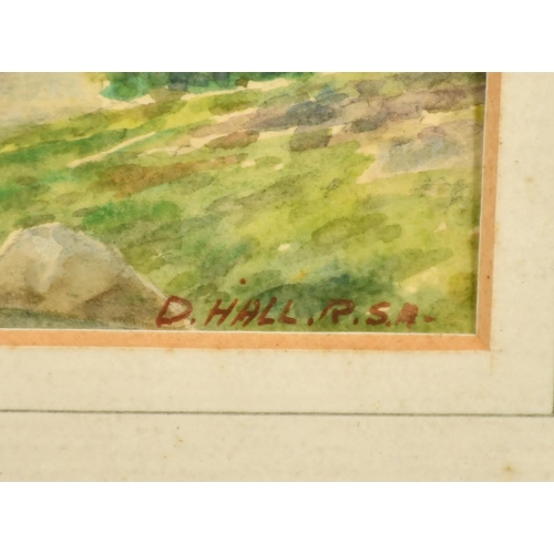 2278 - D. Hall R.S.A, A view of a bridge with a mountain beyond, watercolour, signed, 4.5 x 7.75.