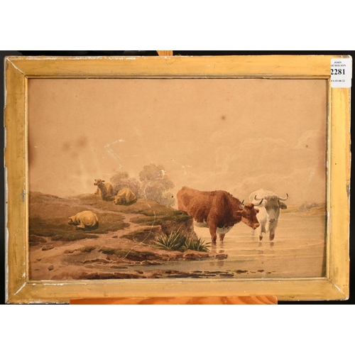 2281 - Follower of Cooper, cattle standing in a river with three sheep lying on the river bank, watercolour... 