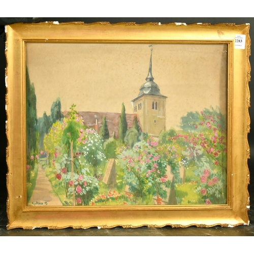 2283 - Kyhna, A churchyard in bloom with pink and white roses, watercolour, signed, 13.75