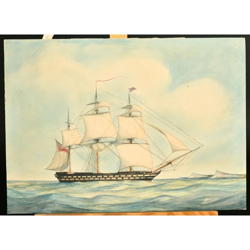 2285 - A tall ship off the coast flying the red ensign, watercolour, Initialled, 8.5