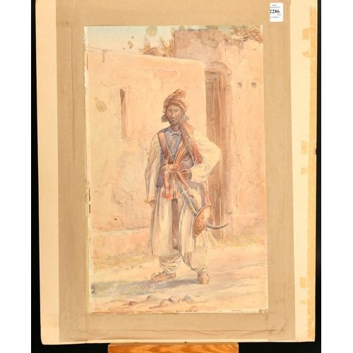 2286 - A full length study of a Greek man with a sword and shield, watercolour, signed and dated '90, 19