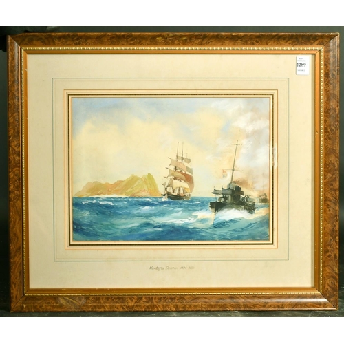 2289 - After Montague Dawson, A tall ship and Naval boats off an island, watercolour, 9.5