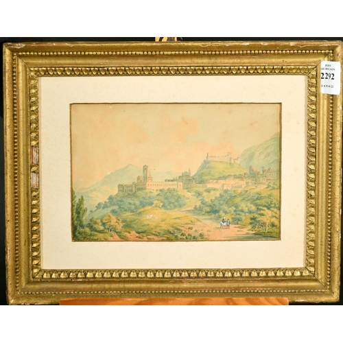 2292 - E. Howard, An Italian landscape in the hills with a large city, figures and horse on a track, waterc... 