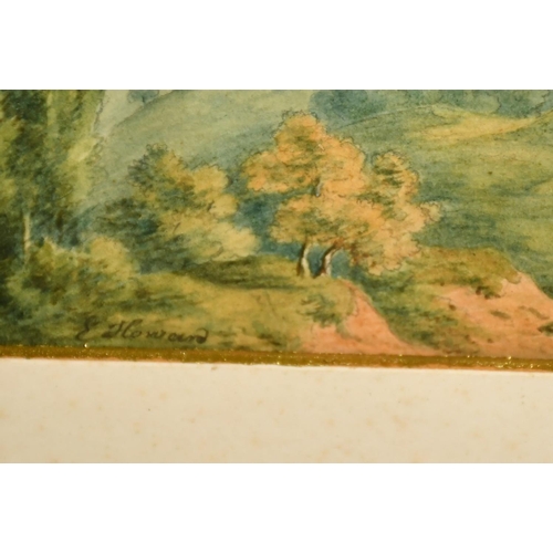 2292 - E. Howard, An Italian landscape in the hills with a large city, figures and horse on a track, waterc... 