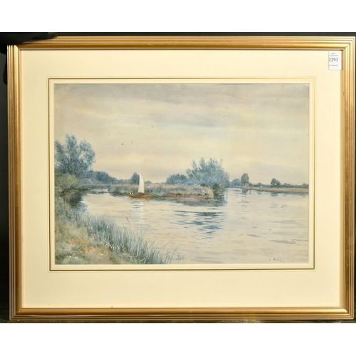 2293 - Robert W. Fraser (1848-1906) British, 'At Moulsey', a sailboat on a river, watercolour, signed and i... 