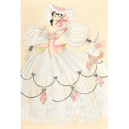 2297 - Circle of Cecil Beaton, A lady in a stage costume, a white dress with pink bodice and flowers, water... 