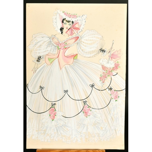 2297 - Circle of Cecil Beaton, A lady in a stage costume, a white dress with pink bodice and flowers, water... 