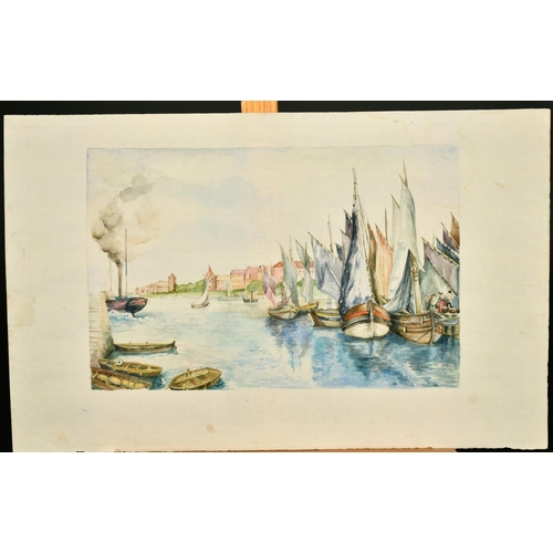 2324 - John Robert Chrichton Helpman (19th Century), moored boats drying their sails at a town quay, pencil... 