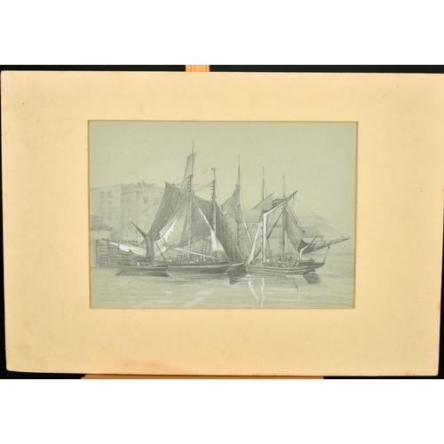 2324 - John Robert Chrichton Helpman (19th Century), moored boats drying their sails at a town quay, pencil... 