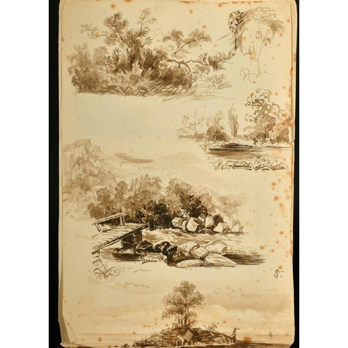 2325 - A small folio of 19th Century ink sketches of landscapes along with a 19th Century Sketch book of pe... 