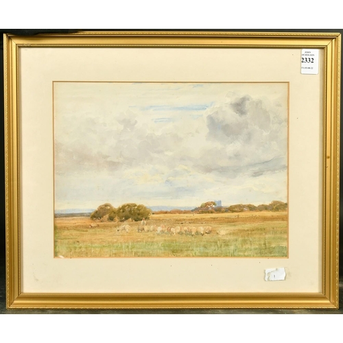 2332 - Claude Hayes (1852-1922) British, A shepherd with a flock of sheep grazing in an open landscape, wat... 