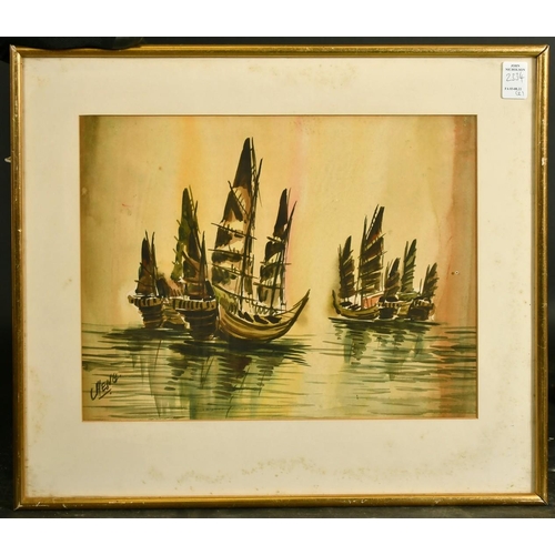 2334 - South-East Asian School, Junks at Sea, watercolour, indistinctly signed, 10