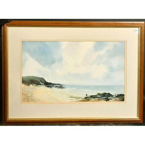 2340 - John Pellew, American, Figures on the shore of a bay, watercolour, faintly signed, 13