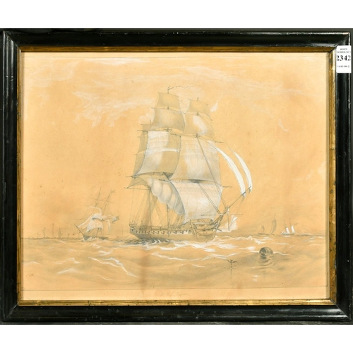 2342 - Circle of O.W. Brierly, HMS Pique off the coastline, pencil and gouache, inscribed, indistinctly sig... 