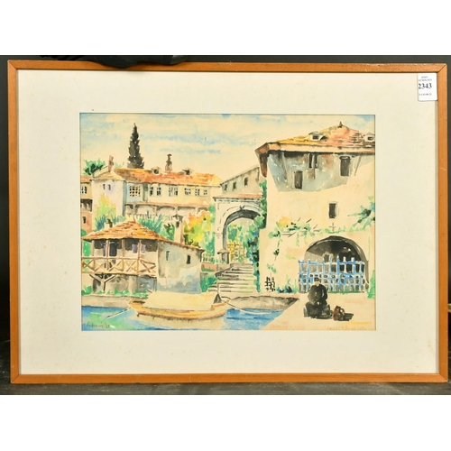 2343 - Manos Sofianos, A monastery at Mount Athos, watercolour, signed and inscribed in Greek, 9.5