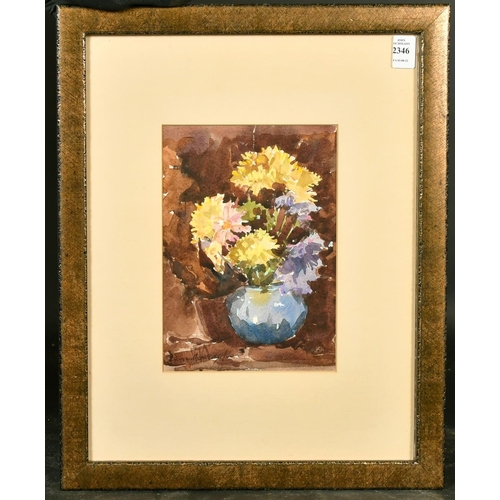 2346 - Edmund Perini, Mixed flowers in a blue vase, watercolour, signed, 9.5