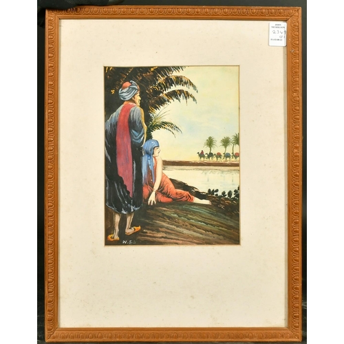 2349 - W.S. Burke, Romantic scenes in the desert, watercolours, one signed, 9.25