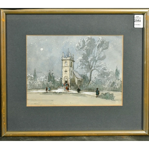 2351 - Circle of Hugh Casson, Figures approaching a church on a Winters night, watercolour, 6.75