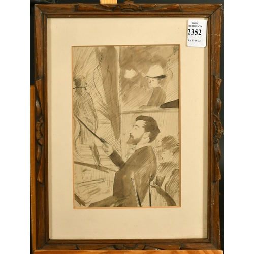 2352 - Circle of Edouard Manet, a Conductor in an orchestra pit, sepia watercolour, 7.25