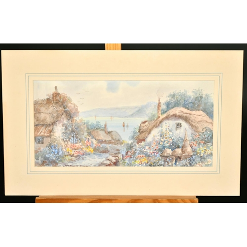 2360 - W. Sands, 'Helford River' thatched cottages with flowers in bloom with a river beyond, watercolour, ... 